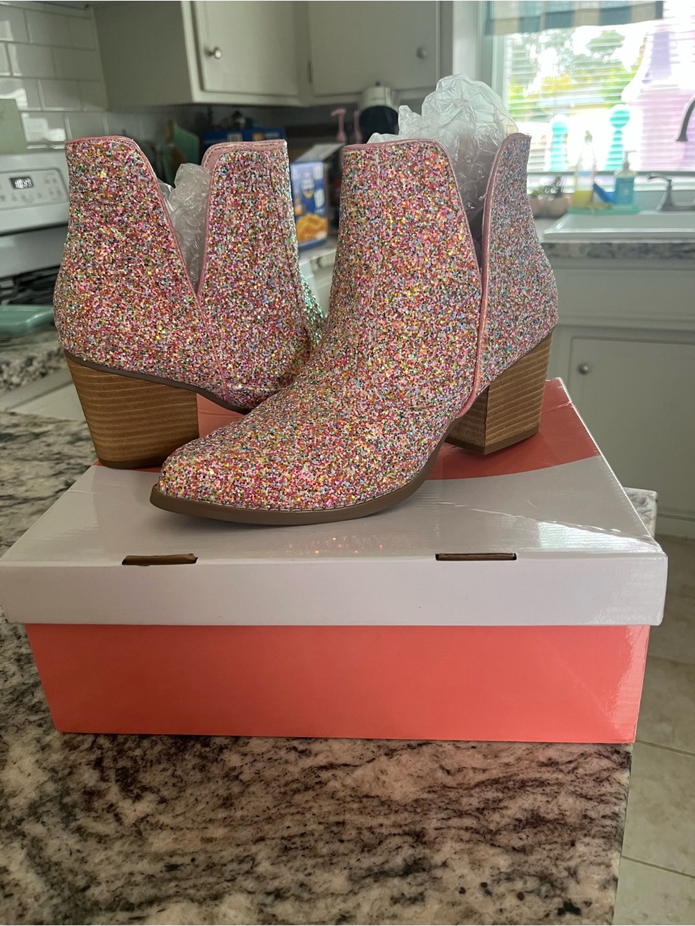 Multicolor Pink Glitter Ankle Boots for Women